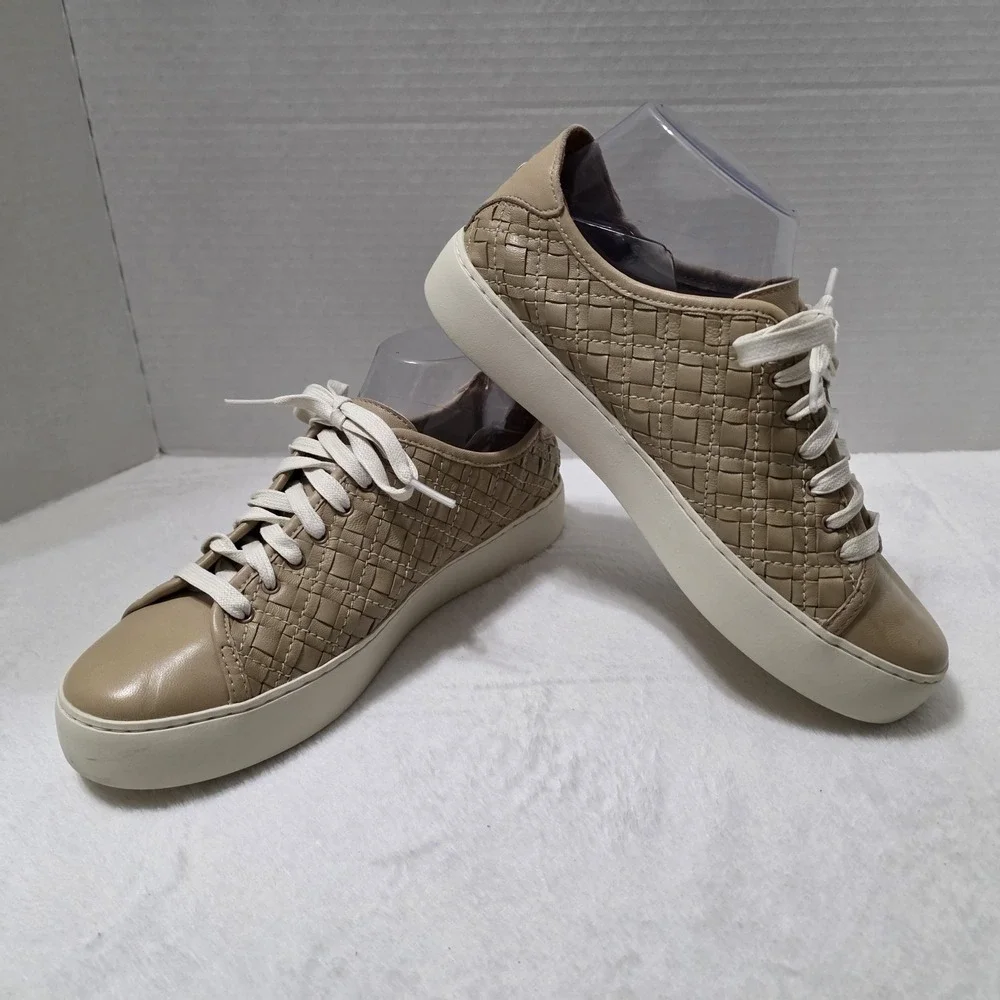 Frye Lena Woven Womens Sneakers Sz  8.5 Tan Leather Low Top Lace Up Comfort Shoe